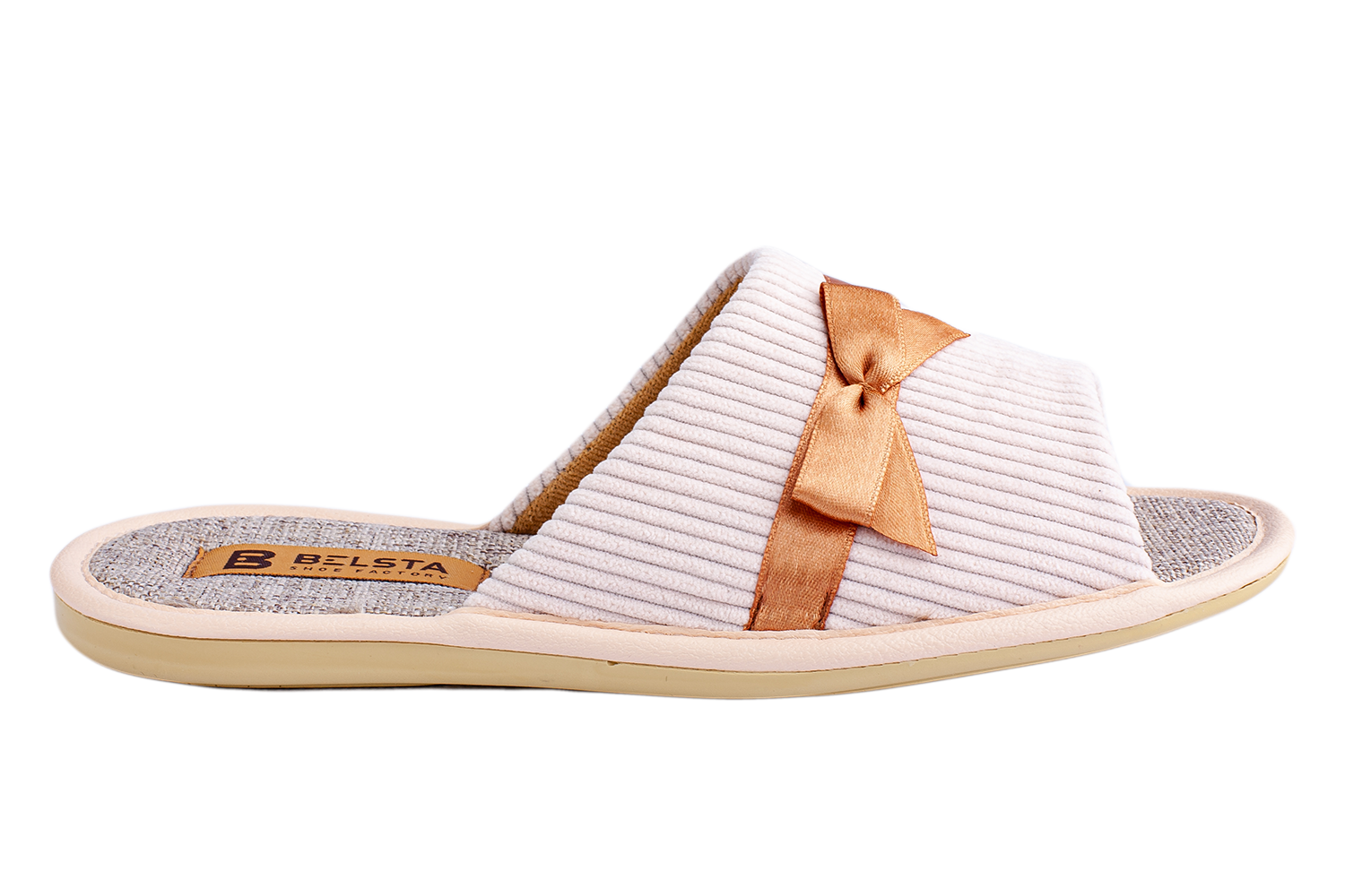 Женские открытые тапочки БЕЛСТА из вельвета молочного цвета украшены атласной коричневой лентой с бантиком - 3