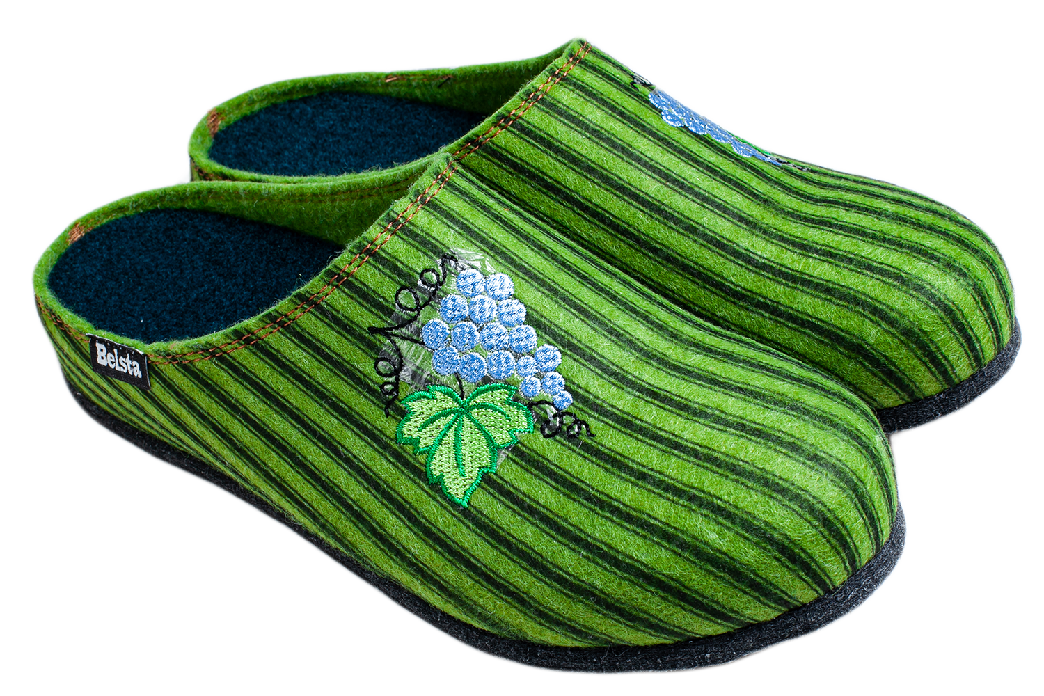 Женские закрытые тапочки БЕЛСТА из зелёного войлока украшены вышивкой гроны Винограда - 1