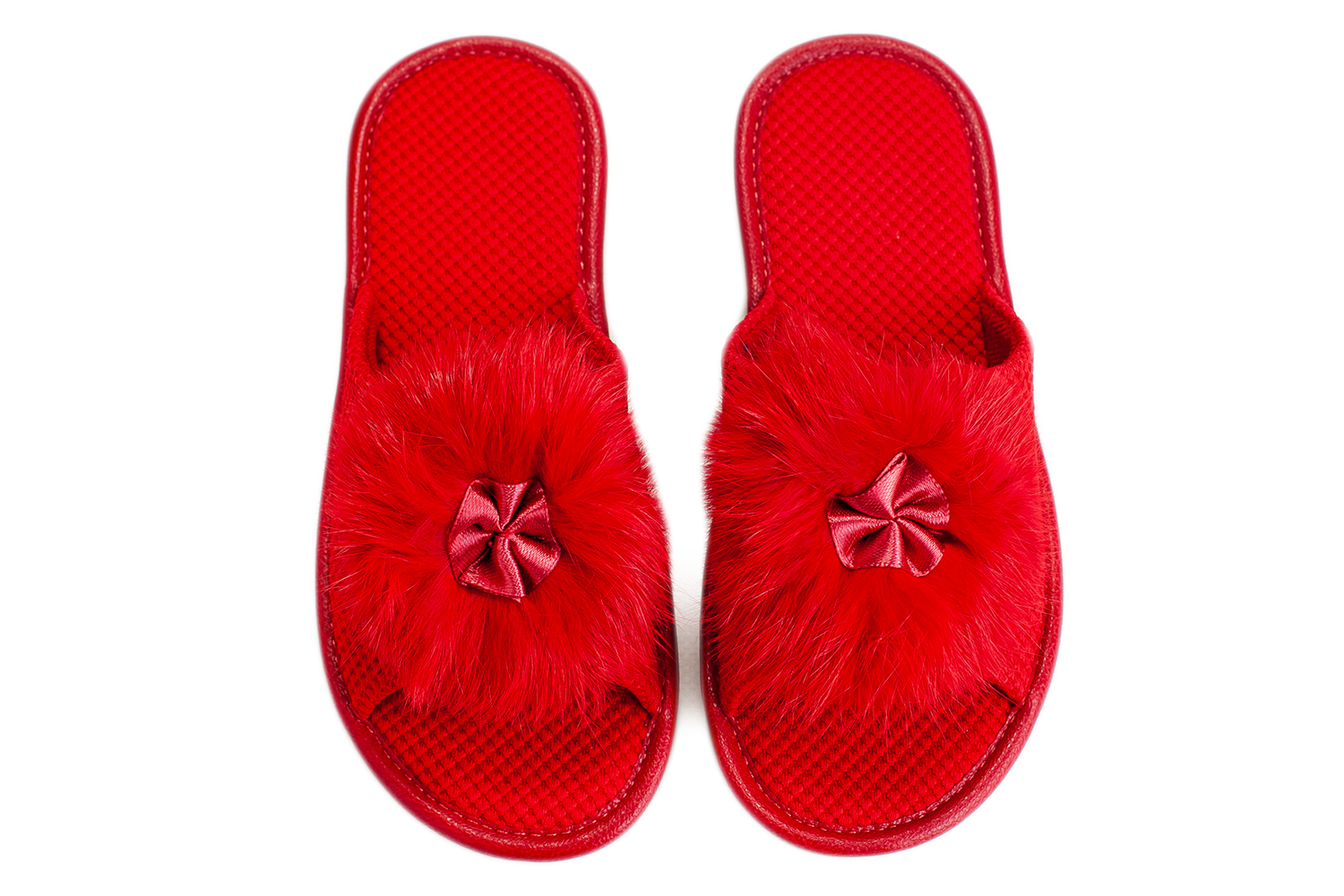 Детские открытые тапочки БЕЛСТА из красного текстиля украшены мехом - 3