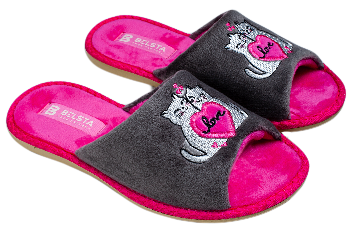 Женские открытые тапочки БЕЛСТА из серого велюра украшены Котиками с розовым сердечком на розовой стельке - 1