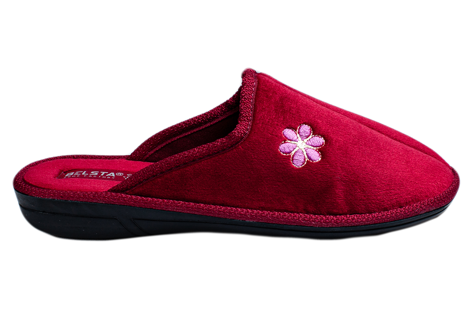 Жіночі капці БЕЛСТА з велюру бордового кольору прикрашені квіточкою - 3