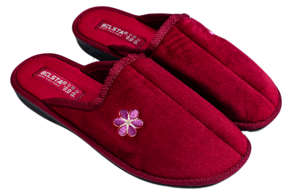 Жіночі капці БЕЛСТА з велюру бордового кольору прикрашені квіточкою - 1