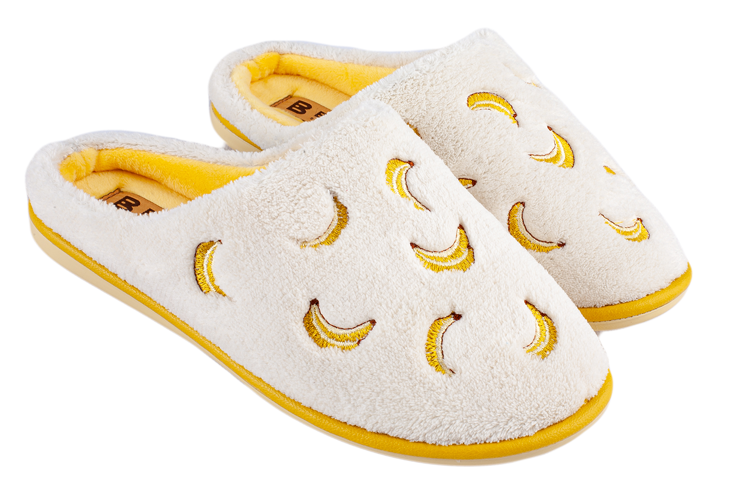 Женские закрытые тапочки БЕЛСТА из белой махры украшены Бананами - 1