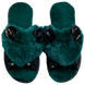 Женские открытые тапочки БЕЛСТА из чёрного текстиля с узорным принтом украшены зелёным мехом - 2