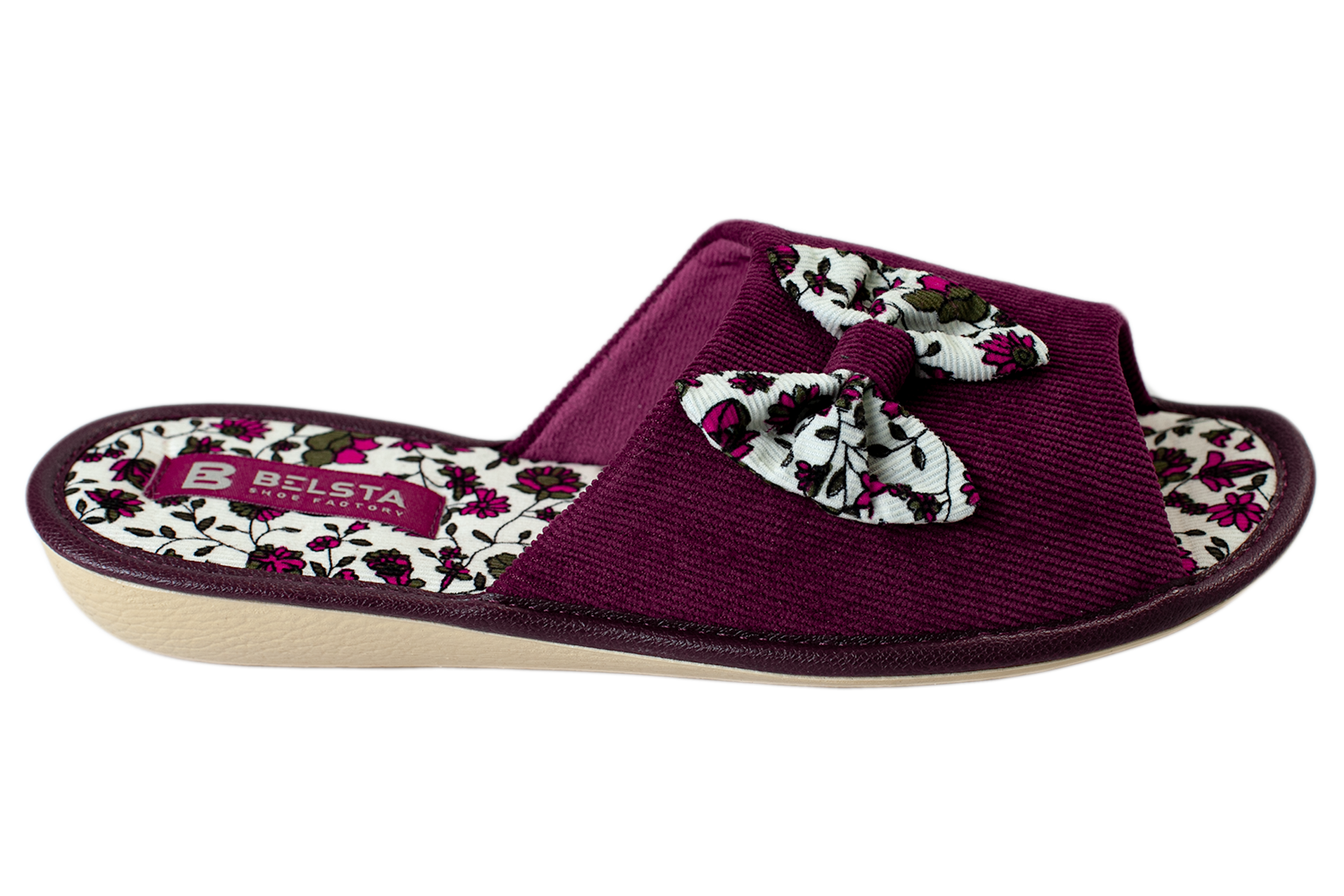 Женские открытые тапочки БЕЛСТА из вельвета цвета марсала украшены бантом с цветочным принтом - 3