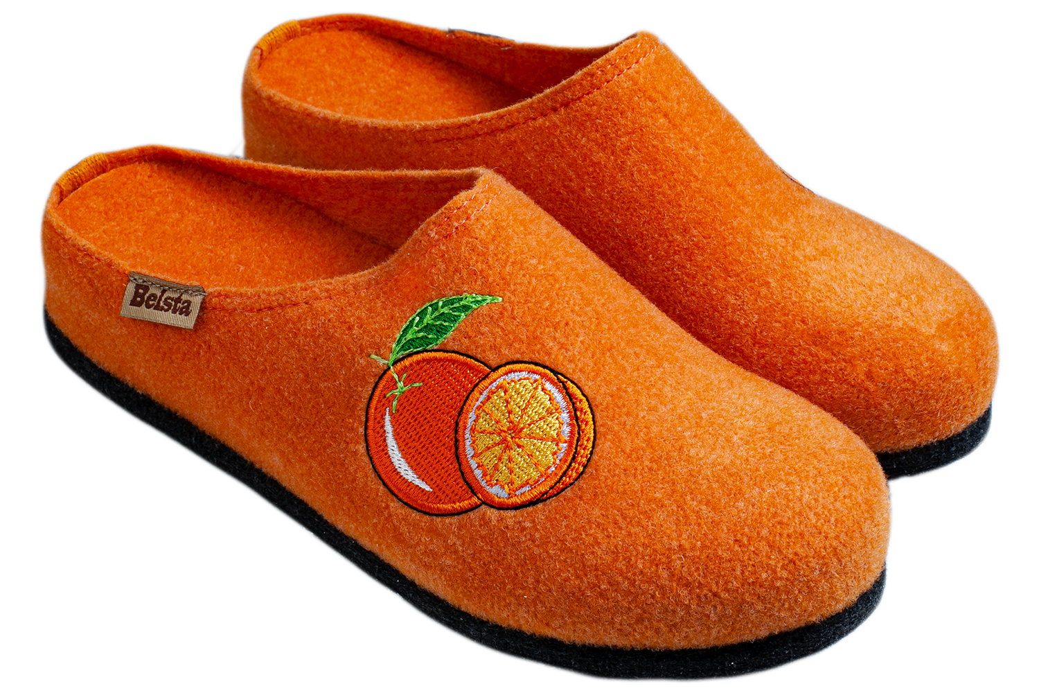 Женские закрытые тапочки БЕЛСТА из оранжевого войлока украшены вышивкой Апельсина - 1