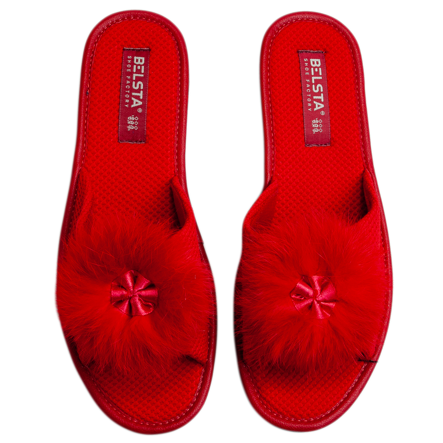 Женские открытые тапочки БЕЛСТА из красного текстиля украшены мехом - 2