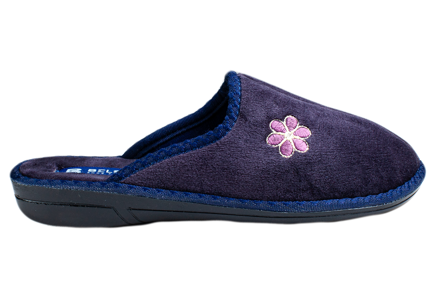 Жіночі капці БЕЛСТА з велюру синього кольору прикрашені квіточкою - 3