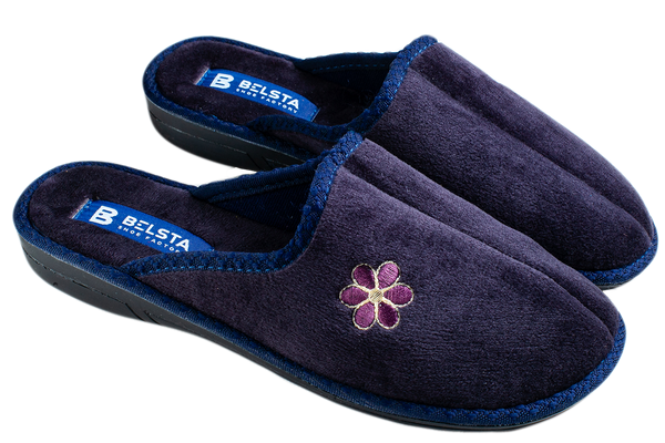 Жіночі капці БЕЛСТА з велюру синього кольору прикрашені квіточкою - 1