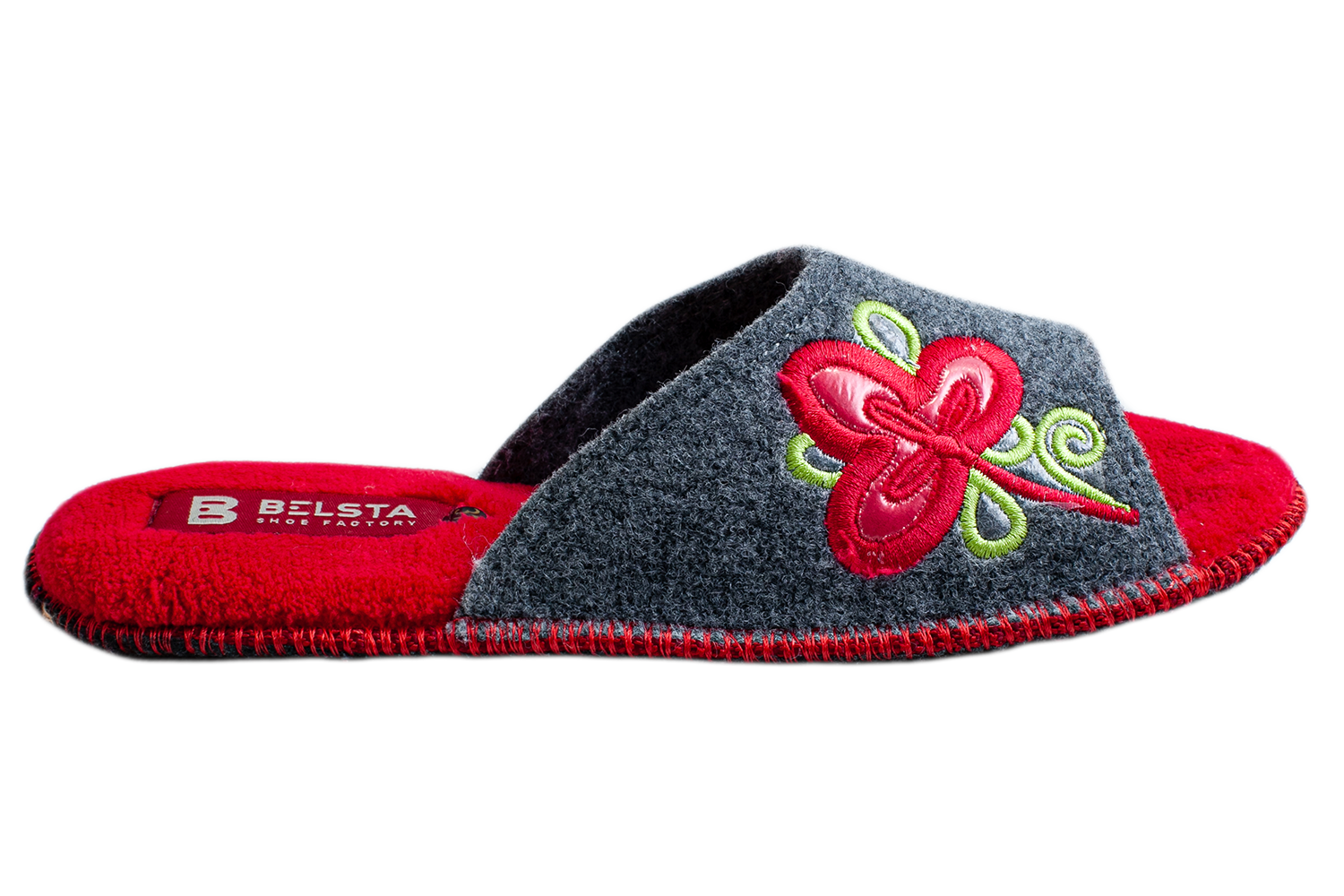 Жіночі капці БЕЛСТА із сірої повсті прикрашені червоною квіточкою - 3