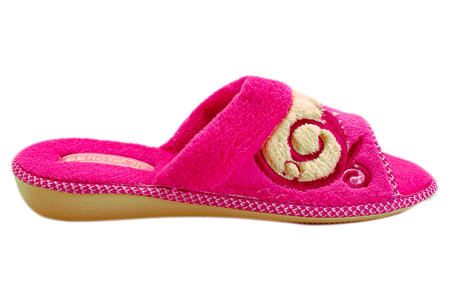 Женские открытые тапочки БЕЛСТА из розовой махры украшены отворотом и узорной вышивкой - 3