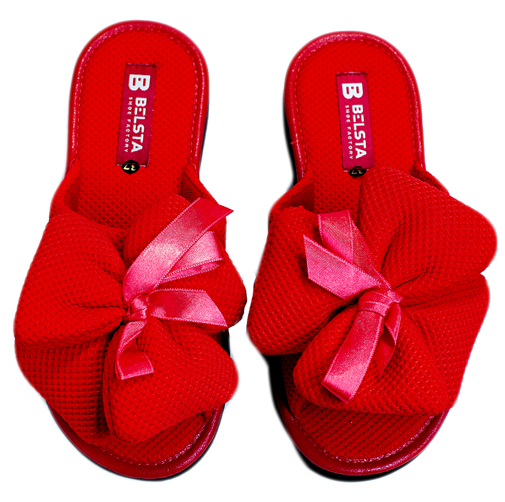 Женские открытые тапочки БЕЛСТА из красного текстиля украшены объёмным бантом - 2