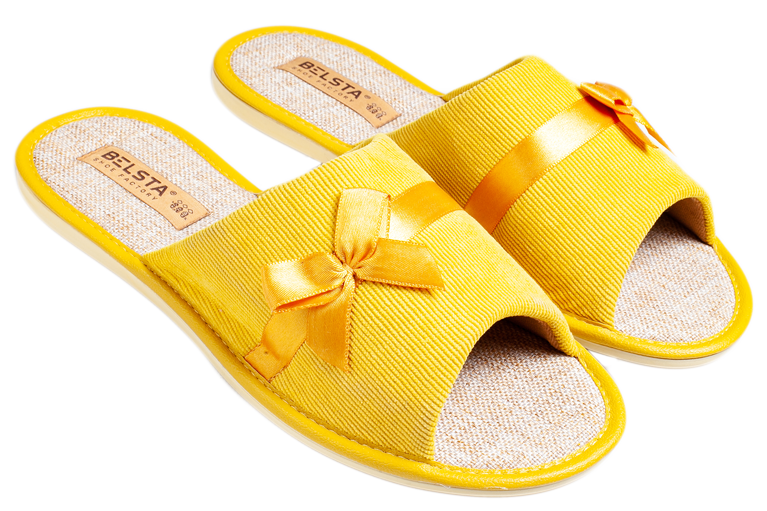 Женские открытые тапочки БЕЛСТА из вельвета жёлтого цвета украшены атласной жёлтой лентой с бантиком - 1