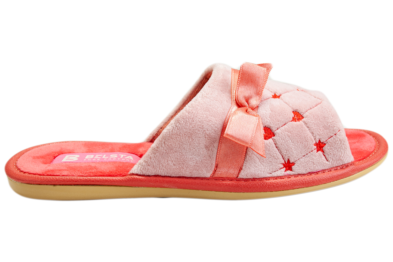 Женские открытые тапочки БЕЛСТА из велюра розового цвета украшены коралловым бантиком и вышивкой - 3
