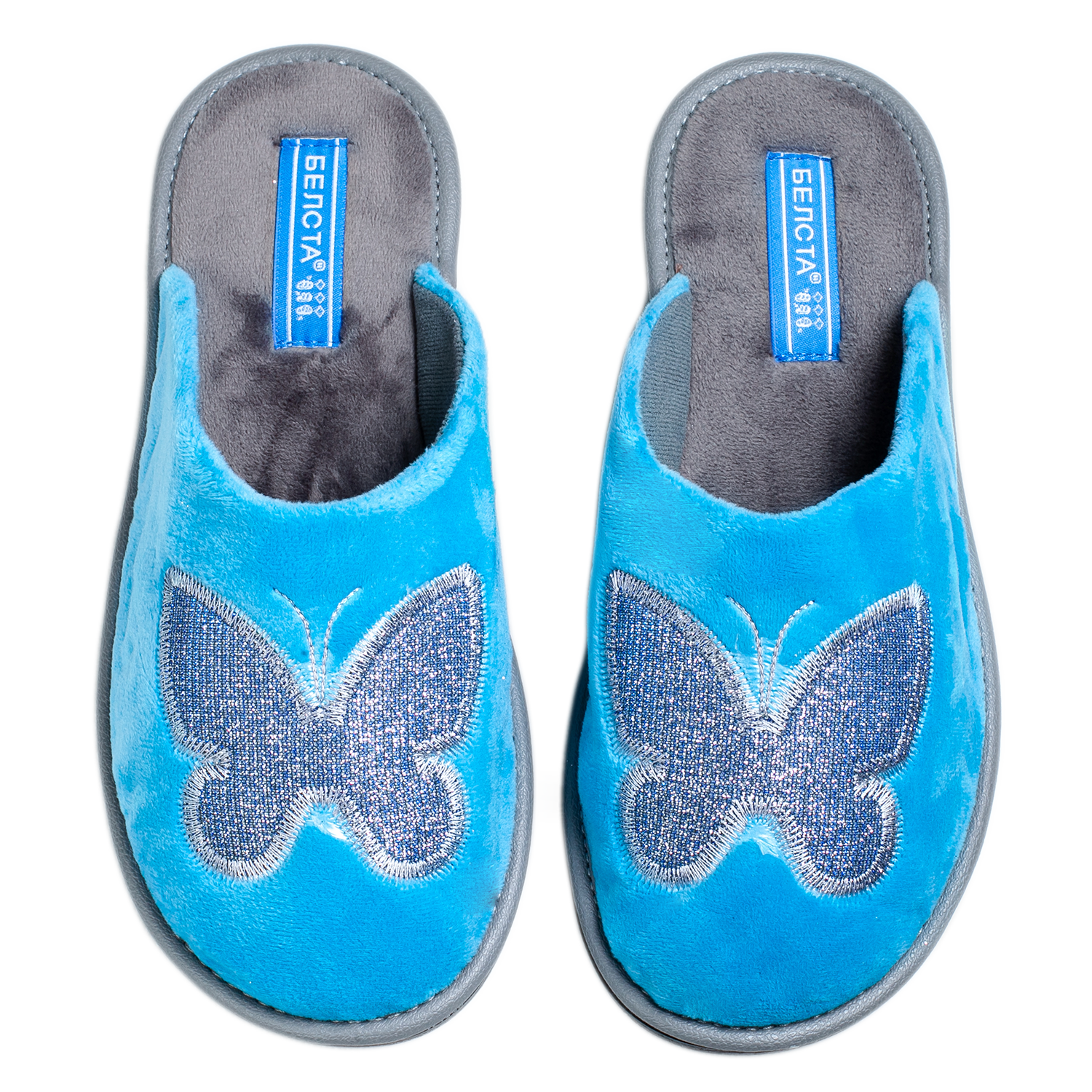 Женские закрытые тапочки БЕЛСТА из велюра голубого цвета украшены бабочкой - 2