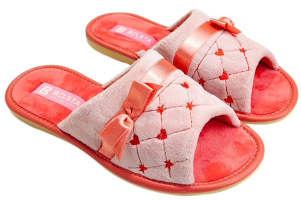 Женские открытые тапочки БЕЛСТА из велюра светло-розового цвета украшены коралловой атласной ленточкой с бантиком и вышивкой - 1