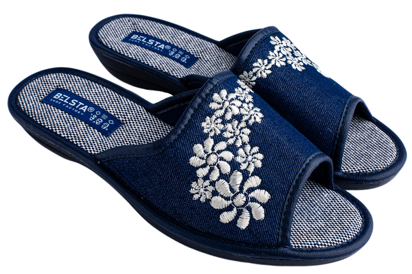 Женские открытые тапочки БЕЛСТА из текстиля синего цвета украшены цветочной вышивкой - 1