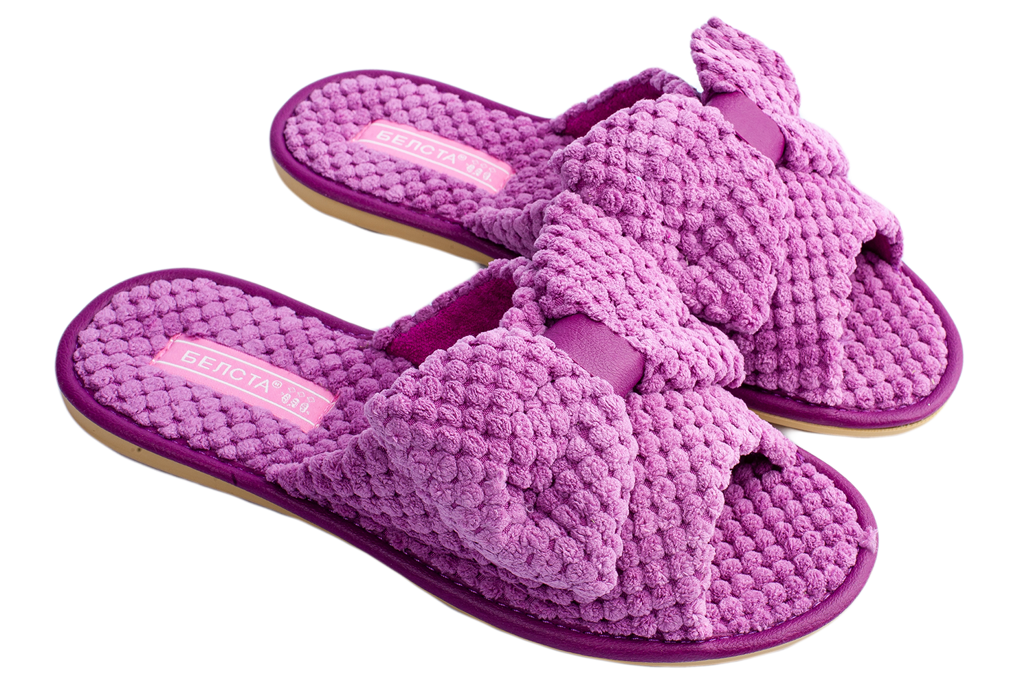 Женские открытые тапочки БЕЛСТА из фиолетового текстиля украшены бантом - 1