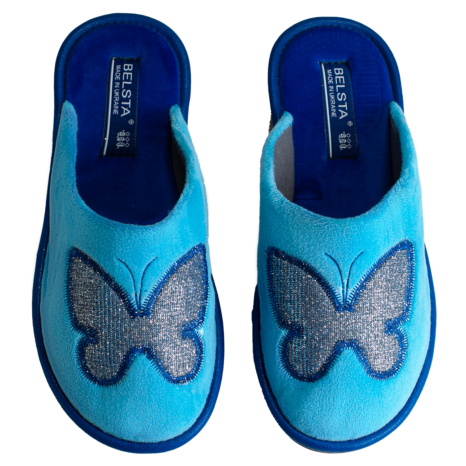 Женские закрытые тапочки БЕЛСТА из велюра голубого цвета украшены бабочкой - 2