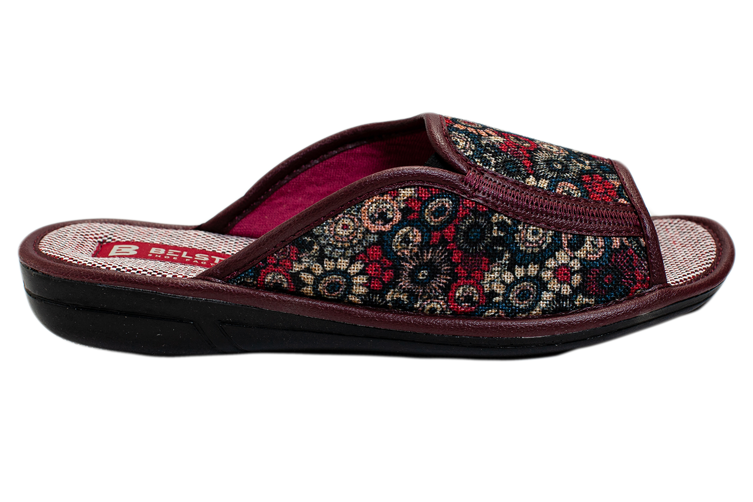 Женские открытые тапочки БЕЛСТА из бордового текстиля с цветочным принтом - 3
