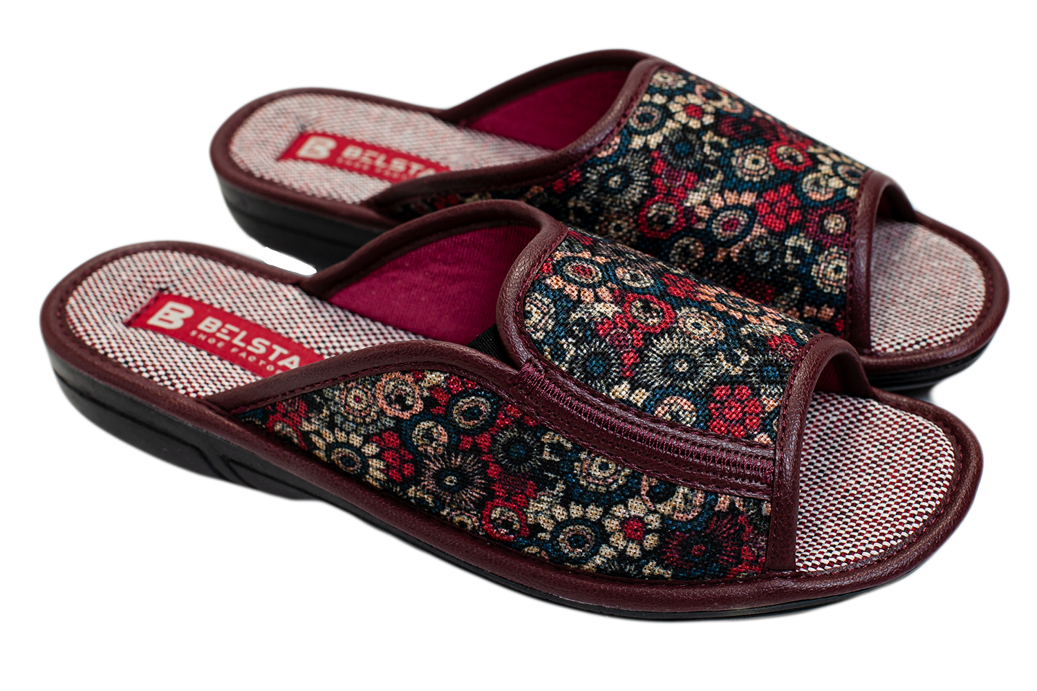 Женские открытые тапочки БЕЛСТА из бордового текстиля с цветочным принтом - 1