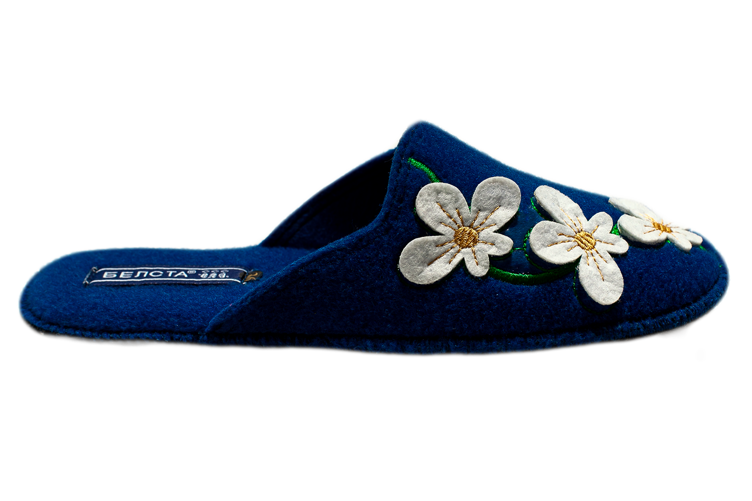Женские закрытые тапочки БЕЛСТА из синего войлока украшены аппликацией цветочков и вышивкой - 3